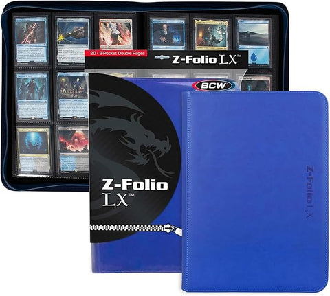 BCW Z-Folio 9-Pocket LX Album - Blue | Secure Zipper Card Organizer | Premium Leatherette Card Collection Binder | Trading Card Binder for Pokemon, MTG, Sport Cards and More