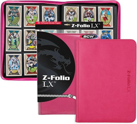 BCW Z-Folio 9-Pocket LX Album - Pink | Secure Zipper Card Organizer | Premium Leatherette Card Collection Binder | Trading Card Binder for Pokemon, MTG, Sport Cards and More