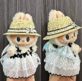 Lace Dress & Straw Hat Set with Ribbon and Wing Detail for Labubu