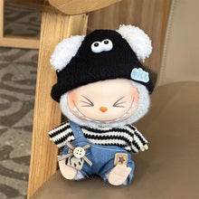 Denim Overalls & Striped Tee Outfit with ‘Nice’ Hat for Labubu