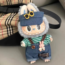 Denim Overalls & Striped Tee Set with Bunny Charm for Labubu